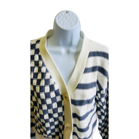 Moon & Madison checker stripe knit cardigan sweater cream navy M cozy Y2K - Picture 2 of 4